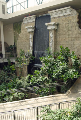 a waterfall feature in the main aviary