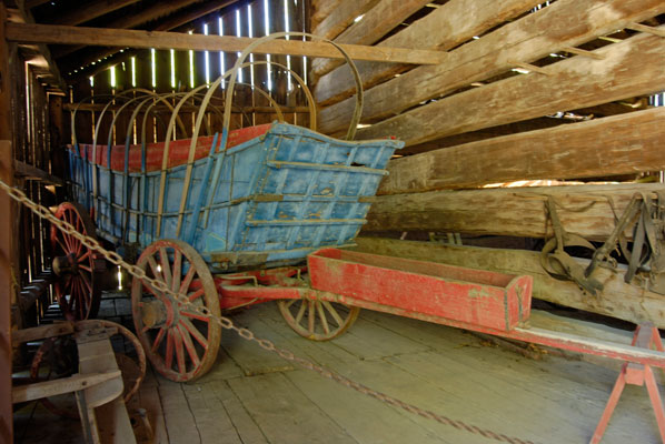 a wagon in the barn at Black Creek Pioneer Village